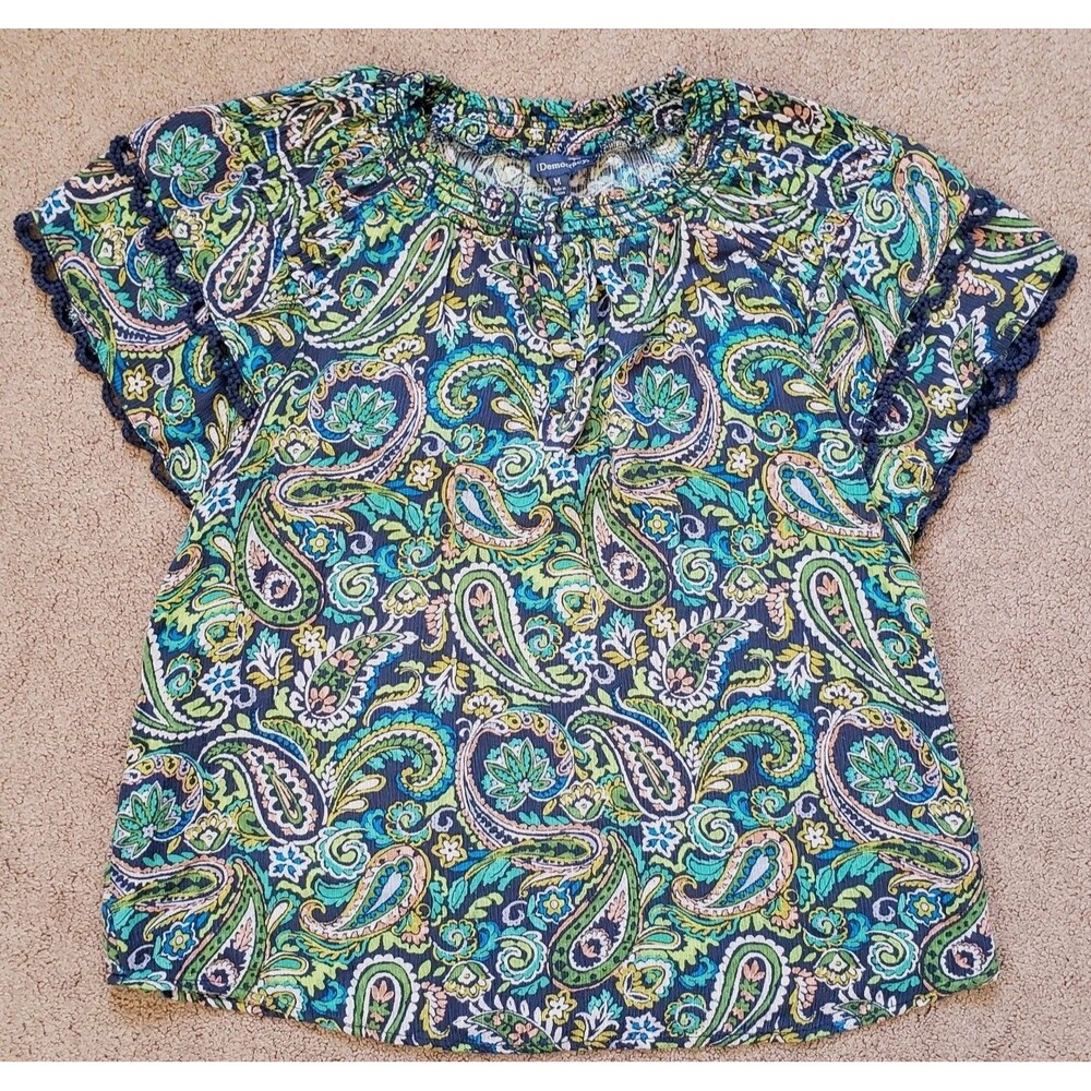 Democracy Women's Boho Top Blouse Split Neck Crochet Ruffles Paisley Size M